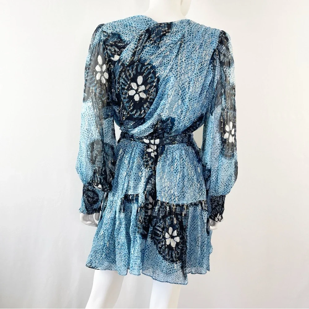 Ulla Johnson NOEMI Dress Size 12 Silk Metallic Mini Shibori Print in Sky Blue - Picture 8 of 16